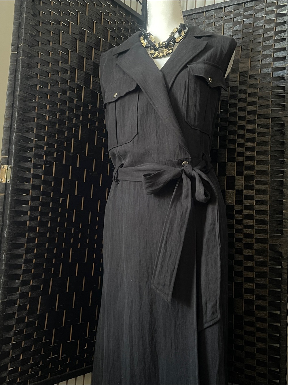 Sleeveless Black Wrap Belted Dress